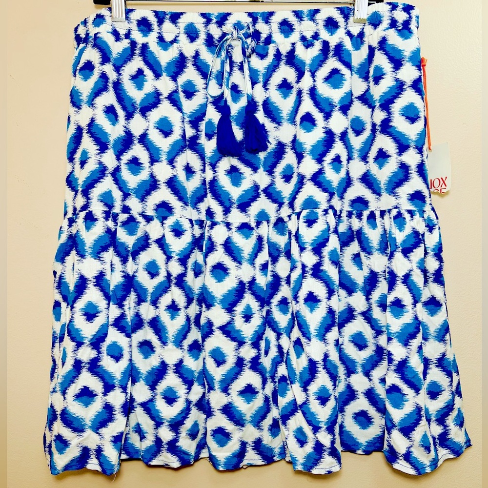 NWT Knox Rose blue white geometric print tiered peasant skirt size XL